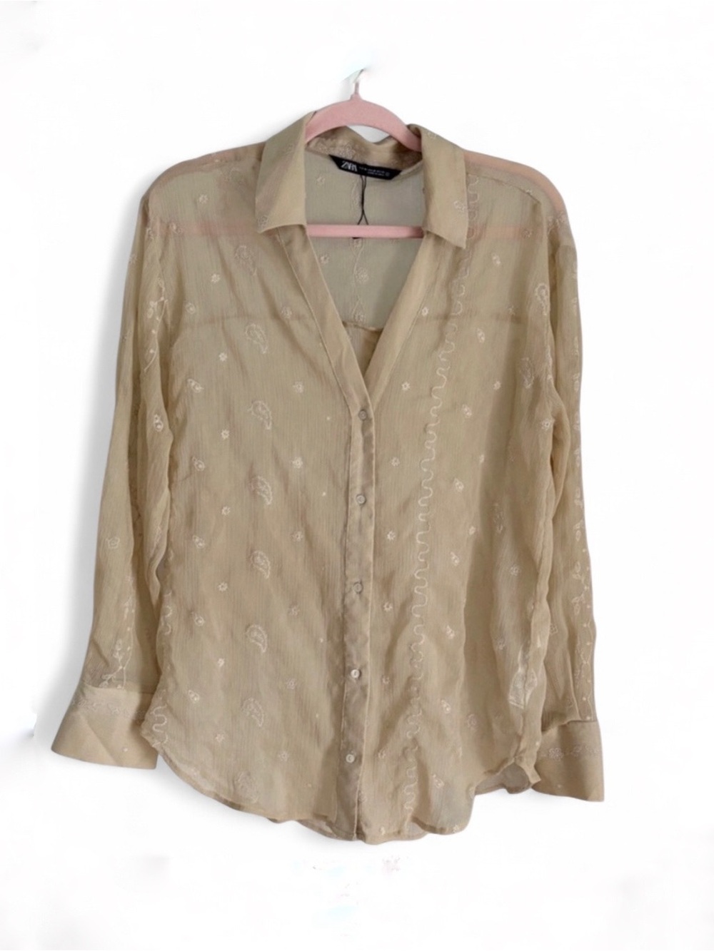 Zara Sheer Paisley Embroidered Button-Up Blouse in Beige Crinkle Size M Coastal